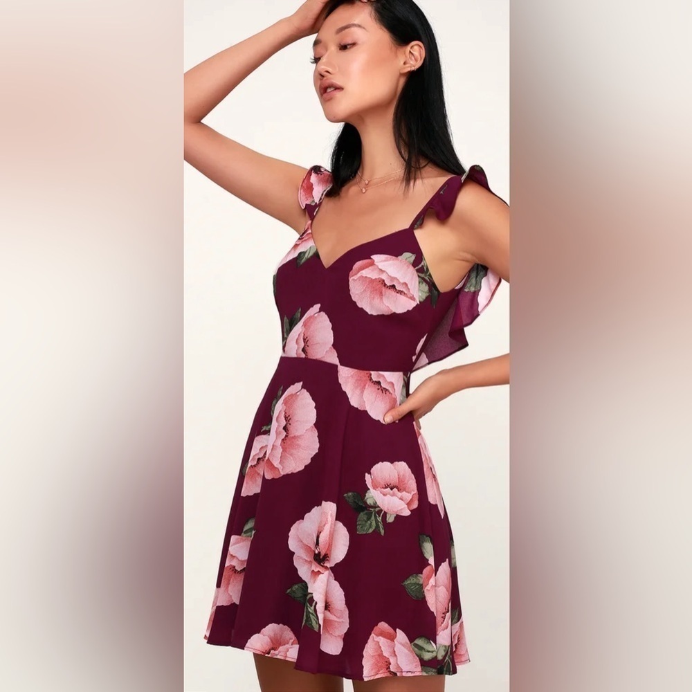 NWT Lulus Floral Print Backless Ruffle Burgundy Maroon Skater Dress Valentines